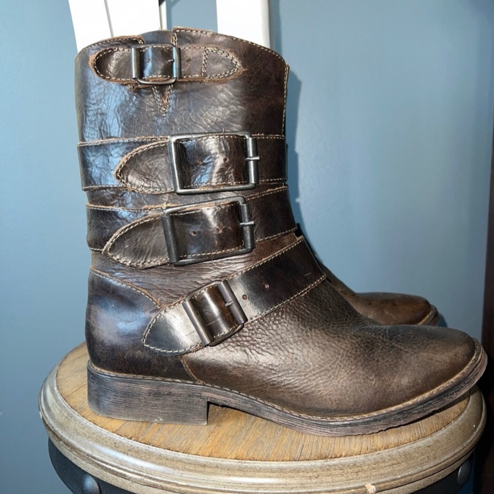 Women’s Brown Buckle Strap Genuine Leather Boots